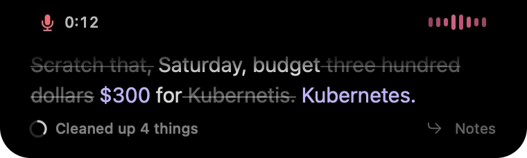 Native Wisp notch receipt: removed words struck through, $300 and Kubernetes added in purple, Cleaned up 4 things.